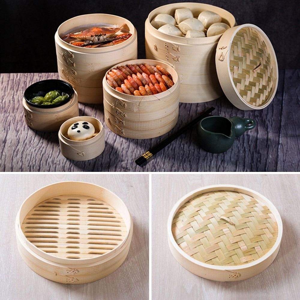 Bao Steamer Bamboo - 중국식 찜기 뚜껑이 있는 대나무 찜기